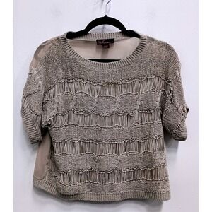 VTG Y2K Takeout Sweater Top Womens Large Beige Crochet Chiffon BOHO Short Sleeve
